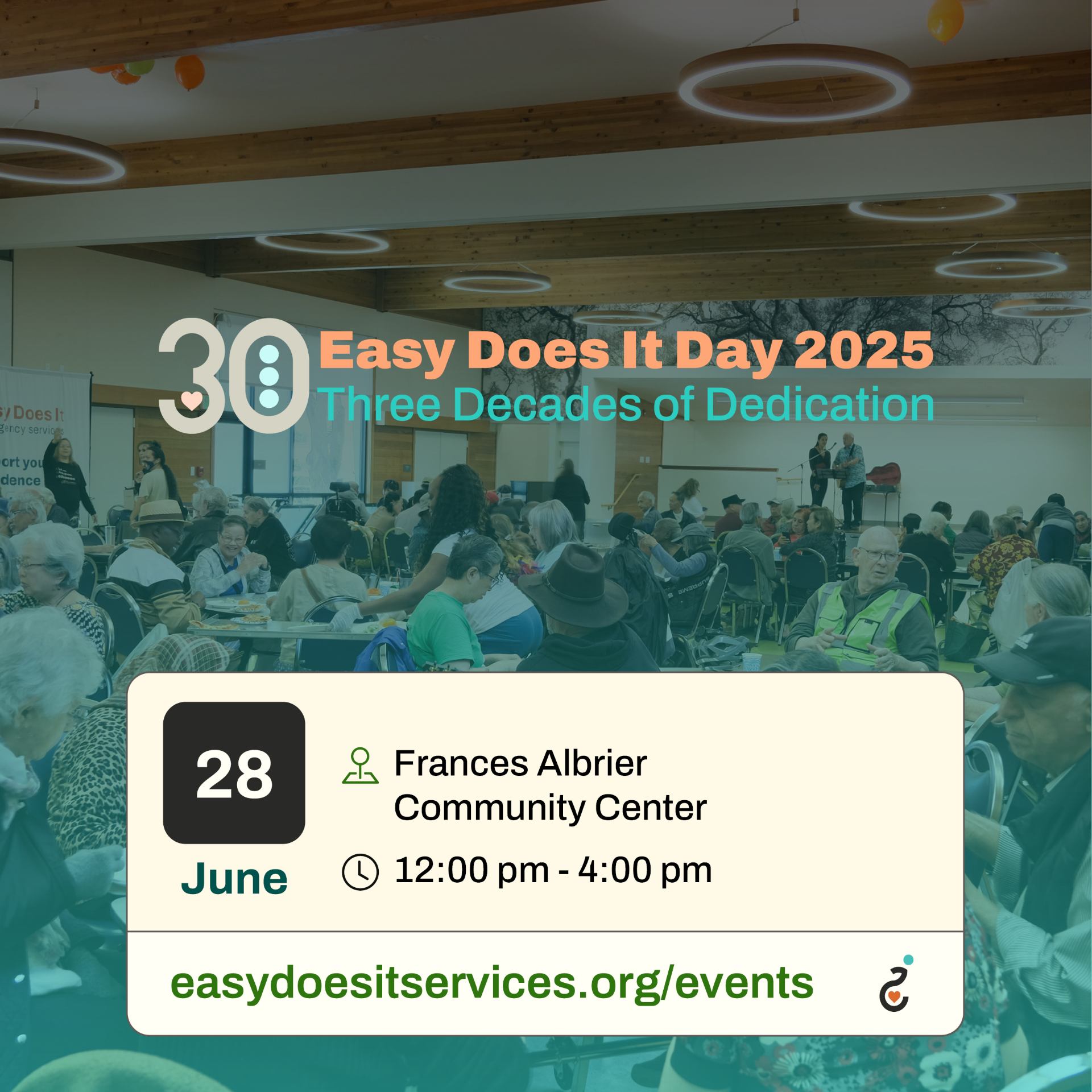 Infographic reading, Easy Does It Day 2024: Champions of Change. June 28, North Berkeley Senior Center, 11 am - 3 pm